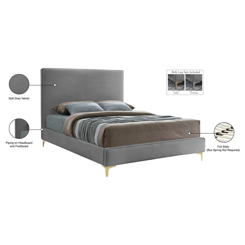 Maklaine Gray Velvet Queen Bed with Gold and Chrome Legs Included