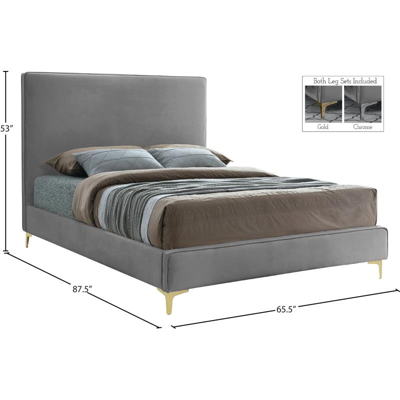Maklaine Gray Velvet Queen Bed with Gold and Chrome Legs Included