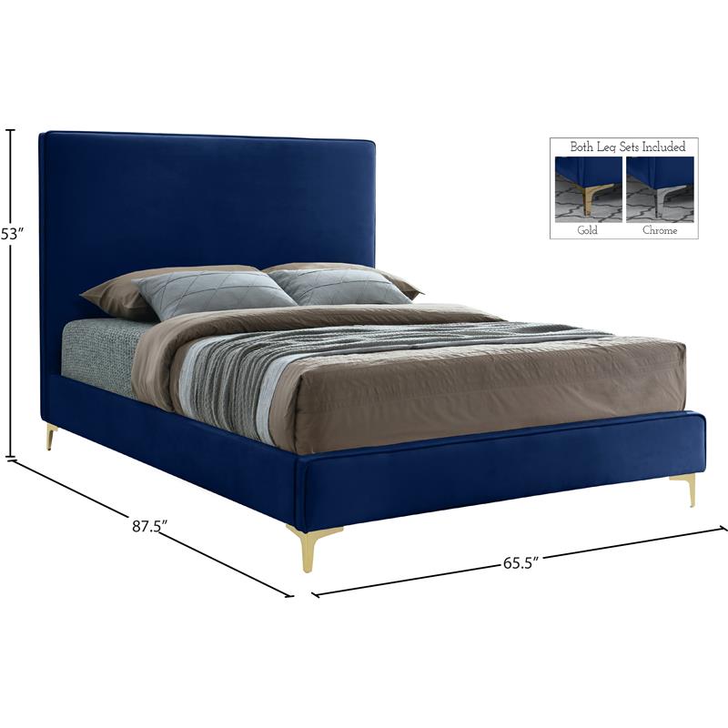 Maklaine Navy Velvet Queen Bed with Gold and Chrome Legs Included
