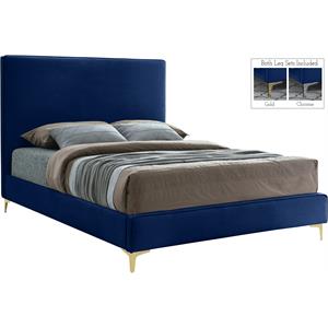 Maklaine Navy Velvet Queen Bed with Gold and Chrome Legs Included