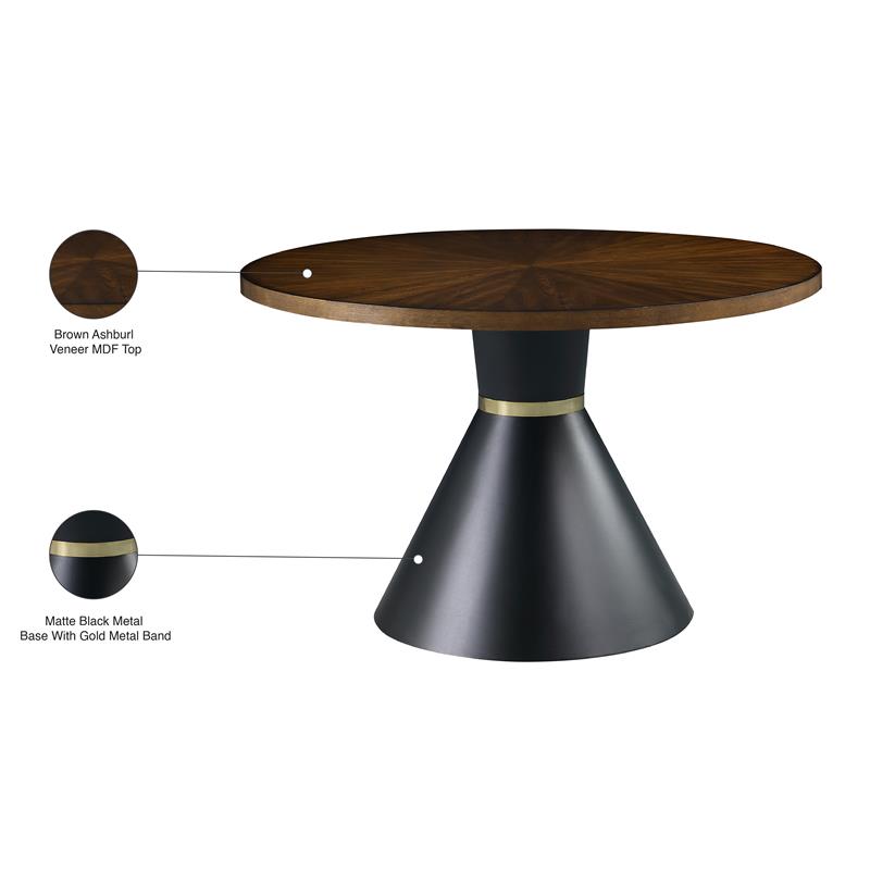 Maklaine Contemporary Wood Dining Table in Matte Black/Brown Ashburl Veneer/Gold