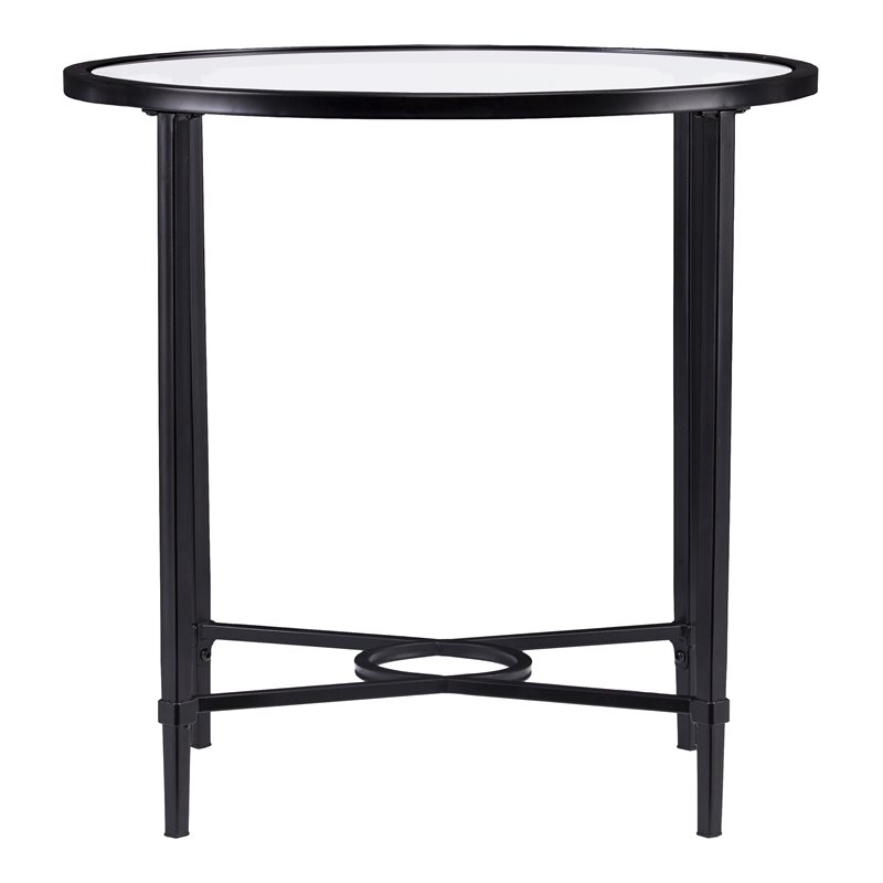 Maklaine Transitional Oval Iron Metal & Glass Side Table in Painted Black
