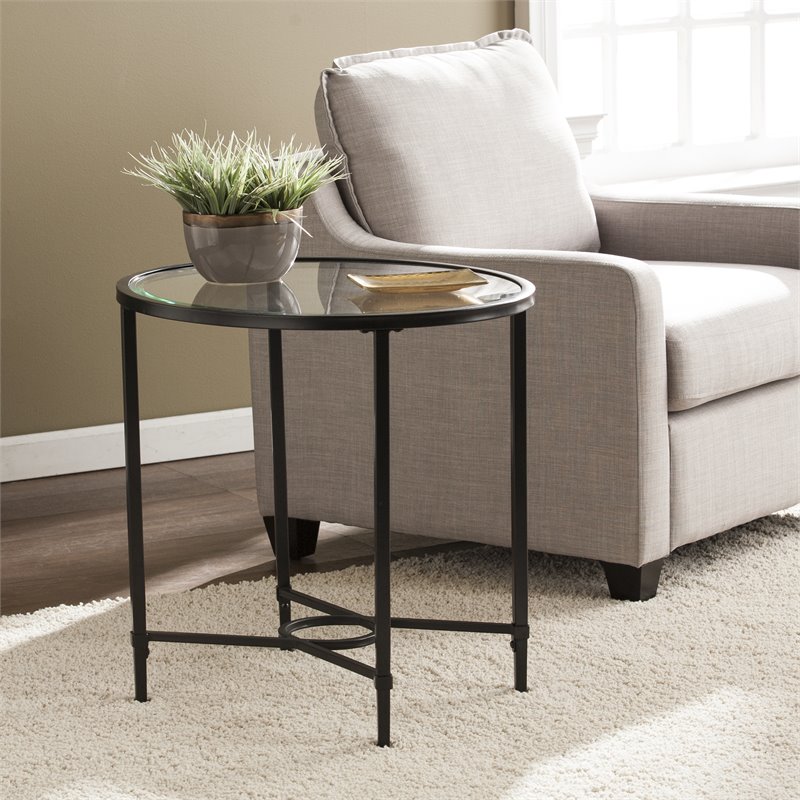 Maklaine Transitional Oval Iron Metal & Glass Side Table in Painted Black