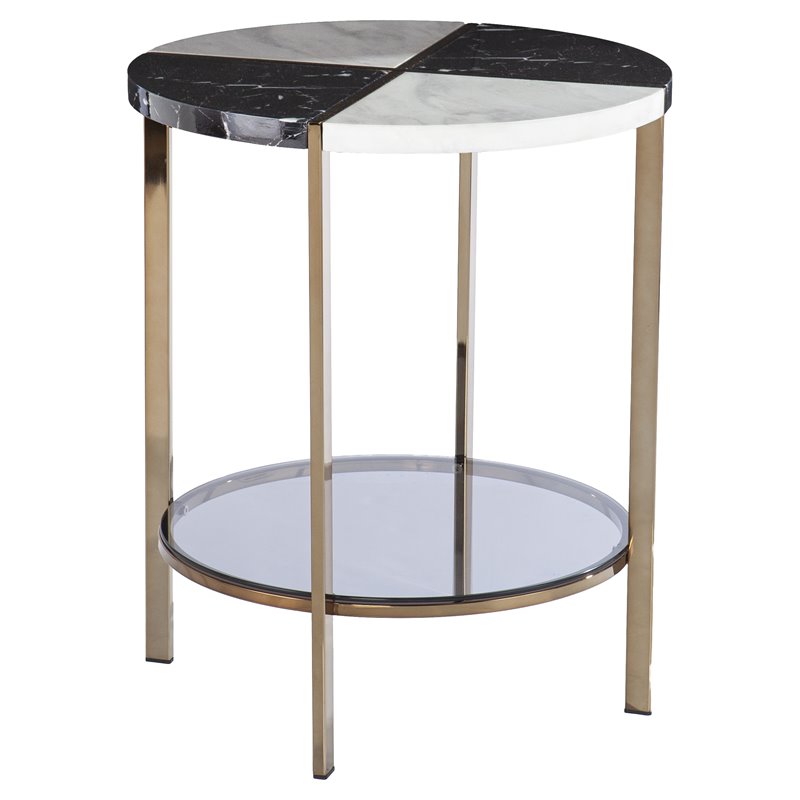 Maklaine Transitional Round Metal - Faux Marble End Table in Black - White