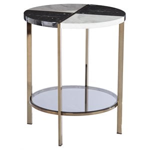 Maklaine Transitional Round Metal - Faux Marble End Table in Black - White