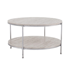 Maklaine Transitional Round Faux Travertine Stone Cocktail Table in Chrome