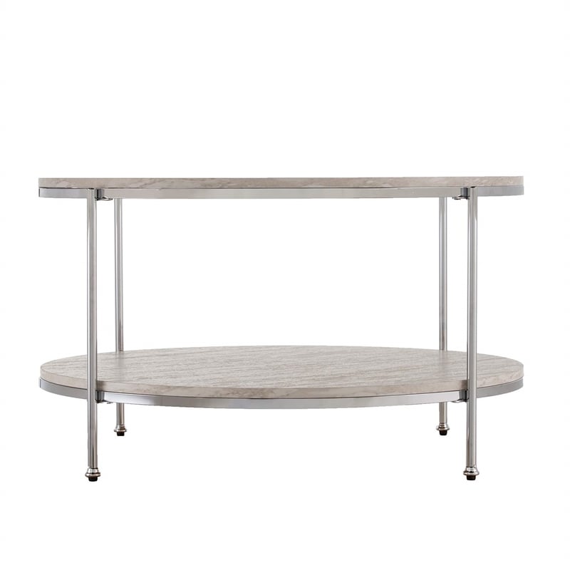 Maklaine Transitional Round Faux Travertine Stone Cocktail Table in Chrome