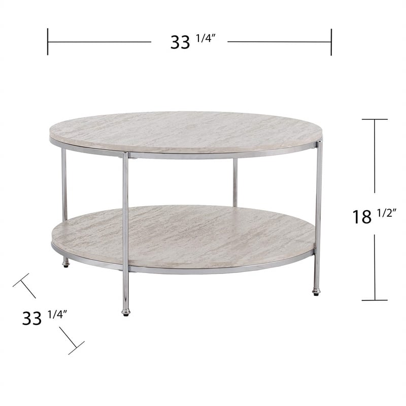 Maklaine Transitional Round Faux Travertine Stone Cocktail Table in Chrome
