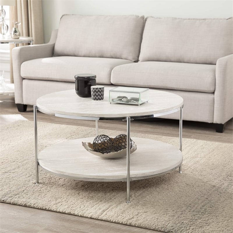 Maklaine Transitional Round Faux Travertine Stone Cocktail Table in Chrome