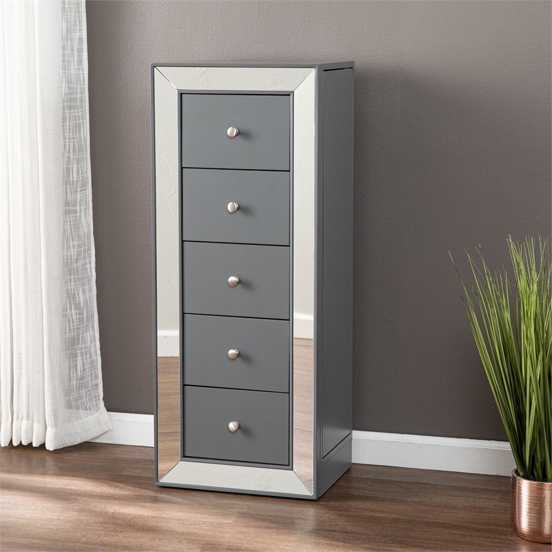 Maklaine Transitional 5 - Drawer Jewelry Armoire in Gray / Blue with Mirror