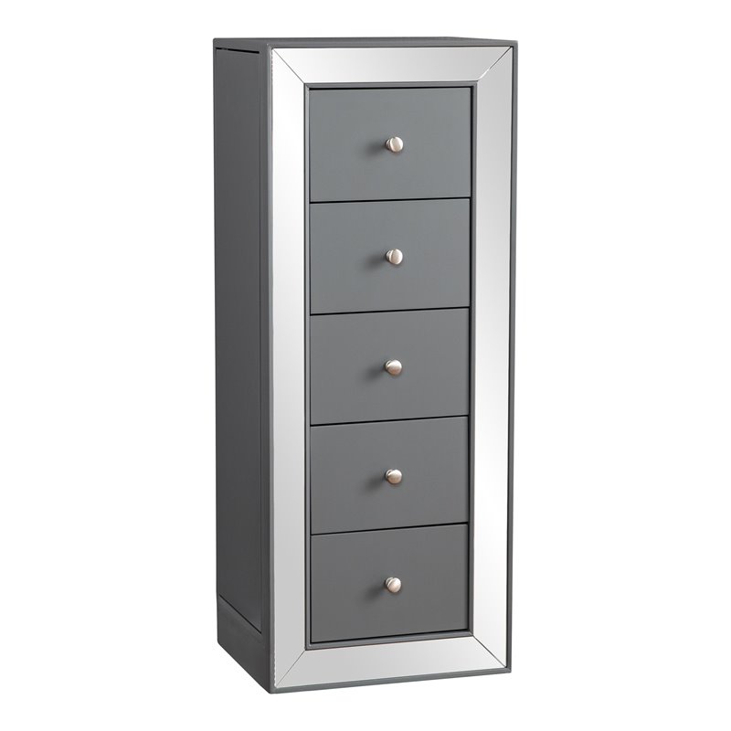 Maklaine Transitional 5 - Drawer Jewelry Armoire in Gray / Blue with Mirror