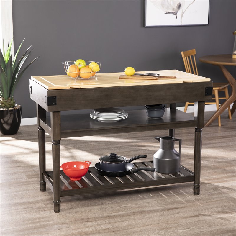 Maklaine Transitional Engineered Wood Kitchen Island in Smoked Ash / Natural