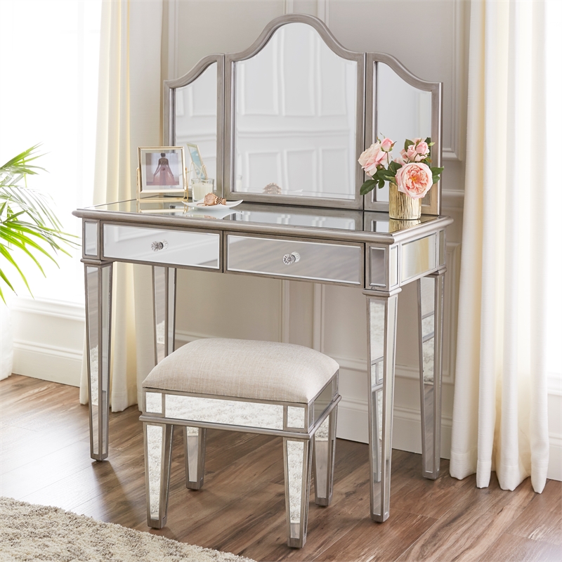 Maklaine Transitional 2 pieces Mirrored Vanity Set with Storage