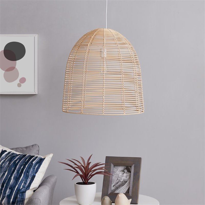 Maklaine Coastal Rattan Woven Fiber Cage Pendant Lamp in Natural Finish