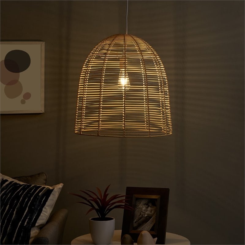 Maklaine Coastal Rattan Woven Fiber Cage Pendant Lamp in Natural Finish