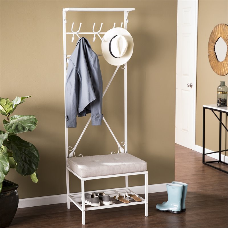 Maklaine Transitional Entryway Hall Tree in Distressed White