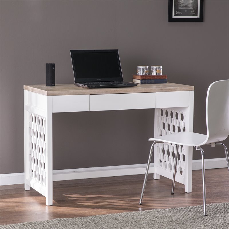 Maklaine Transitional Wood Writing Desk in Natural and White