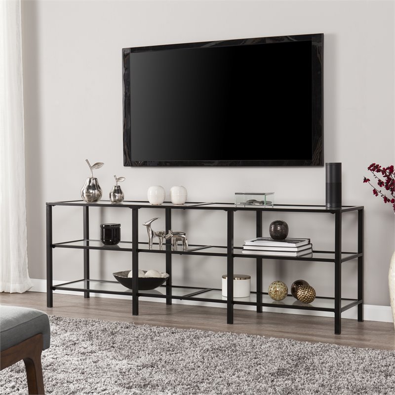 Maklaine Transitional Metal and Glass TV Stand in Matte Black