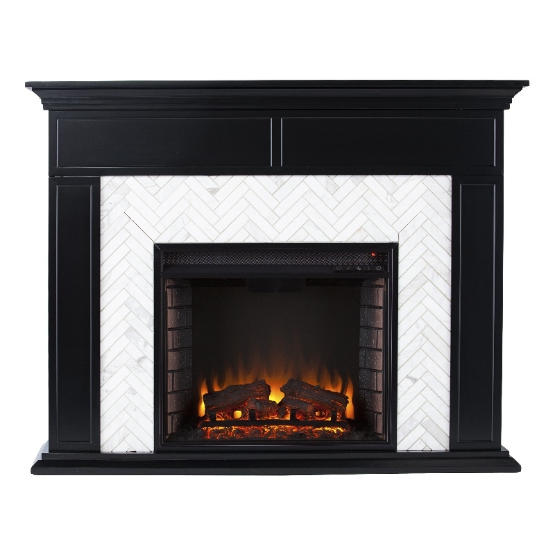 Maklaine Transitional Marble Tiled Electric Fireplace in Black
