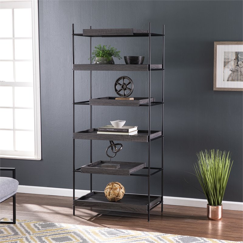Maklaine Transitional 3 - Stationary and 3 - Sliding Shelves Etagere in Black