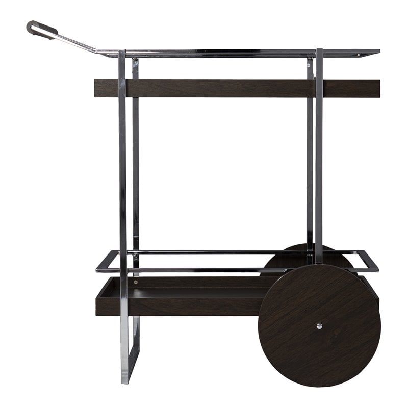 Maklaine Transitional Engineered Wood Rolling Bar Cart in Dark Brown / Chrome