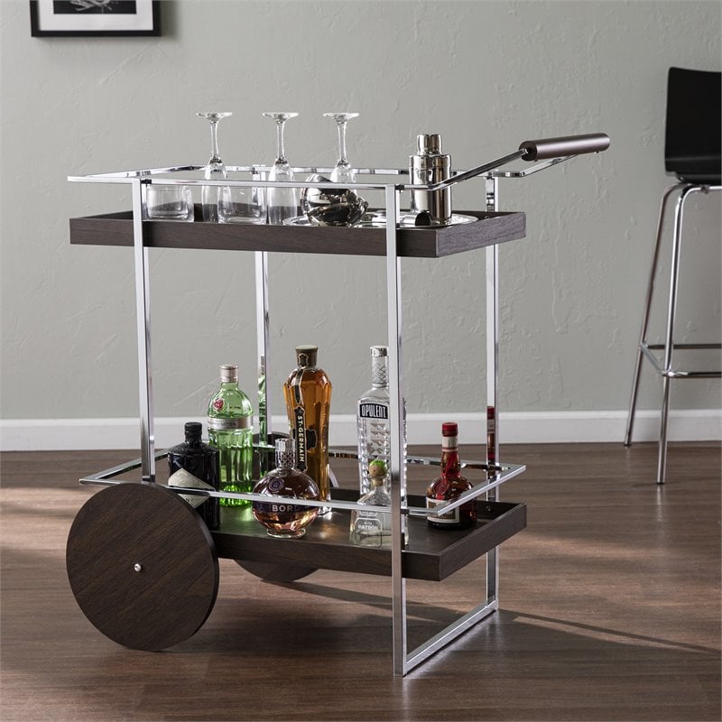 Maklaine Transitional Engineered Wood Rolling Bar Cart in Dark Brown / Chrome