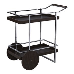 Maklaine Transitional Engineered Wood Rolling Bar Cart in Dark Brown / Chrome