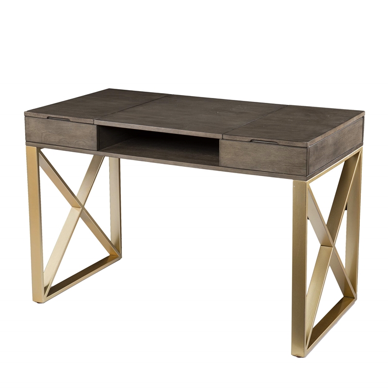Maklaine Transitional Engineered Wood 2-Tone Desk with Storage in Gray / Gold