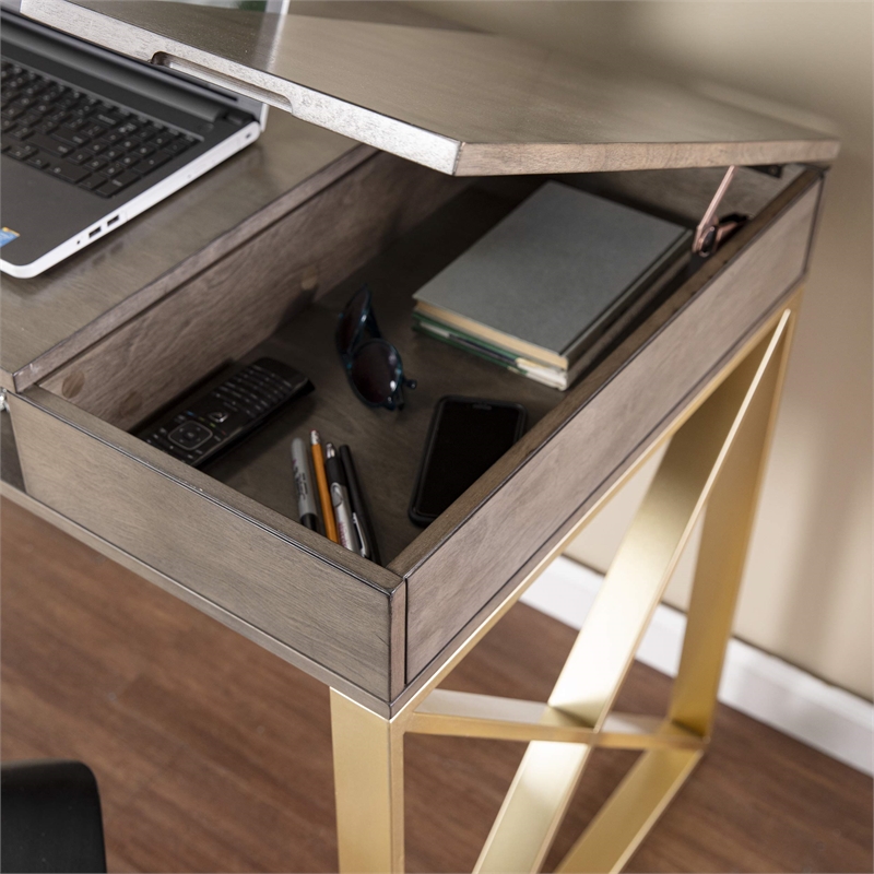 Maklaine Transitional Engineered Wood 2-Tone Desk with Storage in Gray / Gold