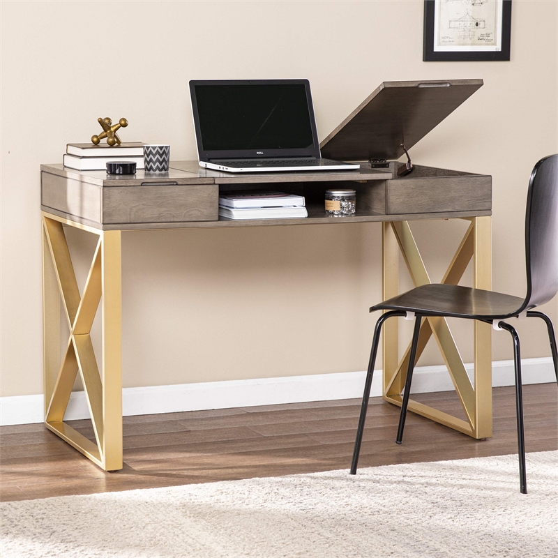 Maklaine Transitional Engineered Wood 2-Tone Desk with Storage in Gray / Gold