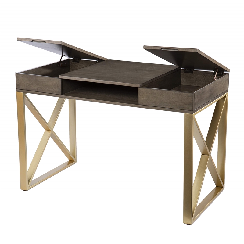 Maklaine Transitional Engineered Wood 2-Tone Desk with Storage in Gray / Gold