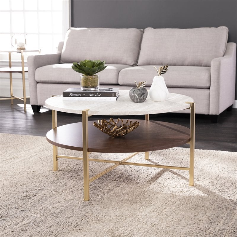 Maklaine 2 - Tier Round Faux Marble Top Cocktail Table in Brass / Dark Tobacco