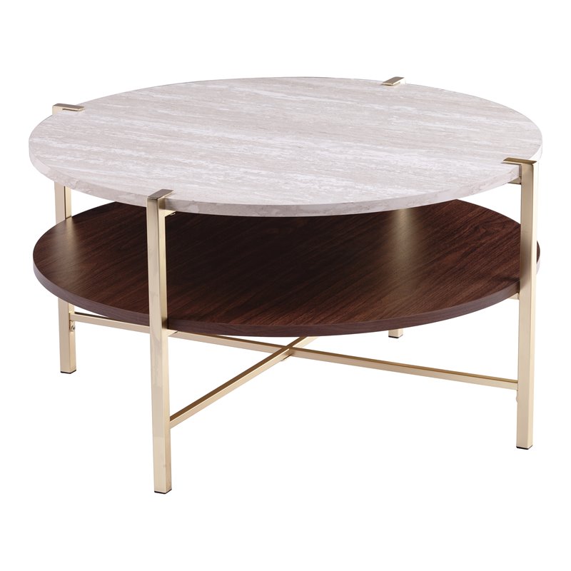 Maklaine 2 - Tier Round Faux Marble Top Cocktail Table in Brass / Dark Tobacco