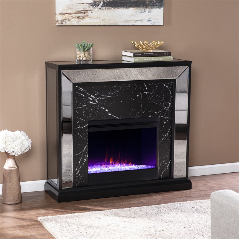 Maklaine Transitional Mirrored Wood Color Changing Fireplace in Black / Silver