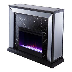 Maklaine Transitional Mirrored Wood Color Changing Fireplace in Black / Silver