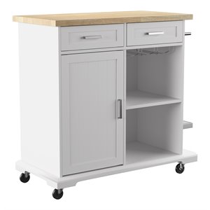 Maklaine Transitional Engineered Wood Rolling Kitchen Island in White / Natural