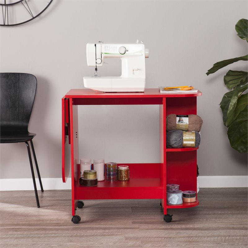 Maklaine Transitional Wood Drop Leaf Mobile Sewing Craft Table in Farmhouse Red
