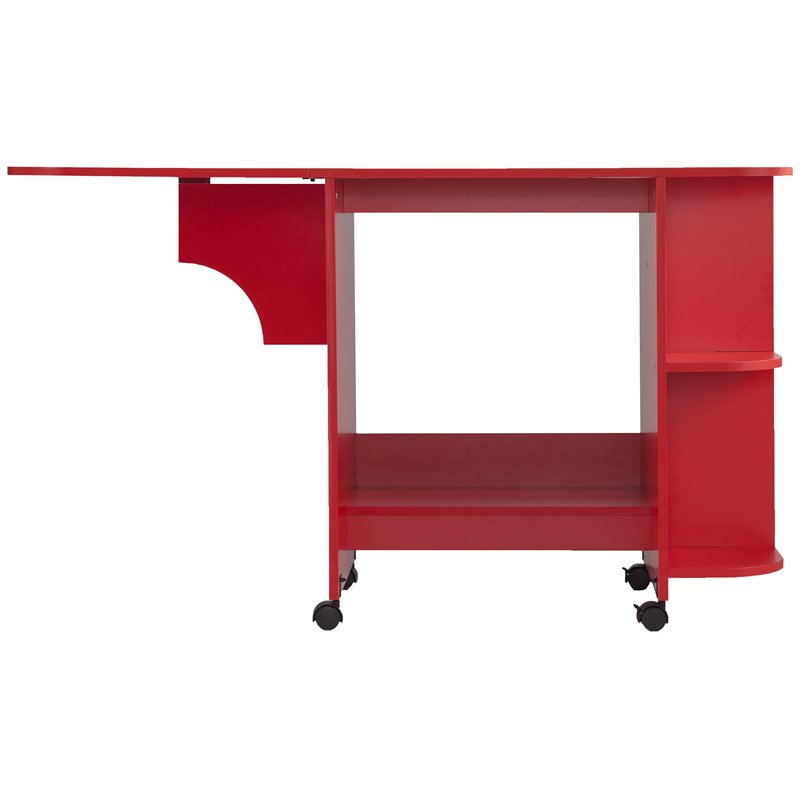 Maklaine Transitional Wood Drop Leaf Mobile Sewing Craft Table in Farmhouse Red
