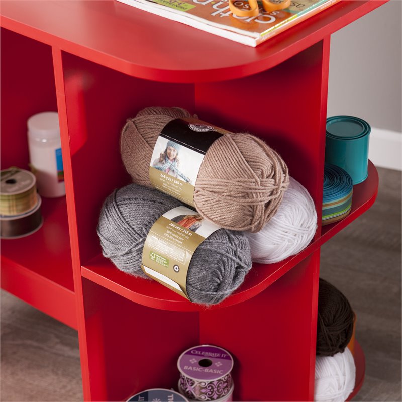 Maklaine Transitional Wood Drop Leaf Mobile Sewing Craft Table in Farmhouse Red