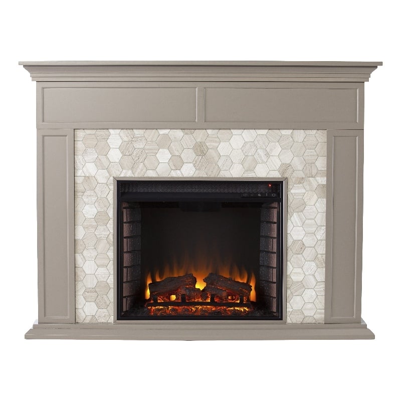Maklaine Modern / Contemporary Marble Tiled Electric Fireplace