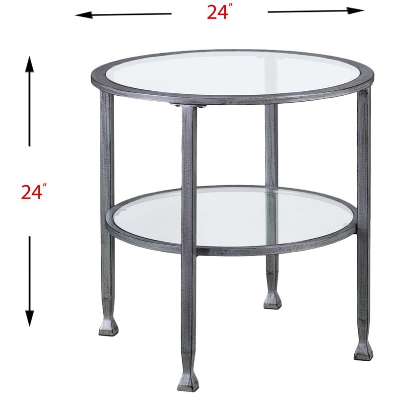 Maklaine Transitional Round Glass Top Metal End Table in Silver