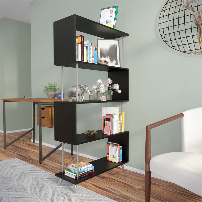 Maklaine Transitional Engineered Wood Bookcases in Black Finish