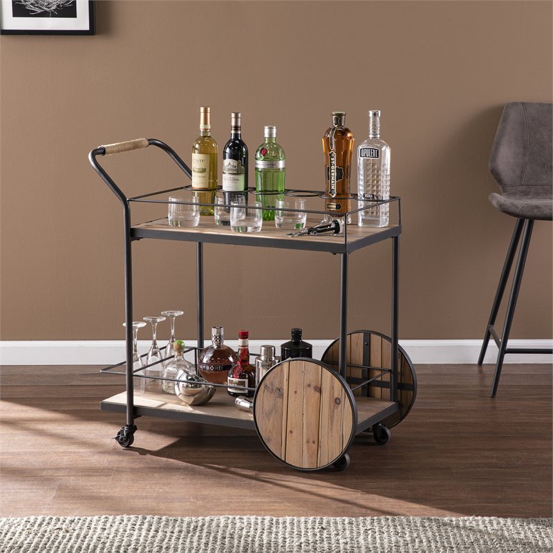 Maklaine Transitional Reclaimed Wood Bar Cart in Natural / Black