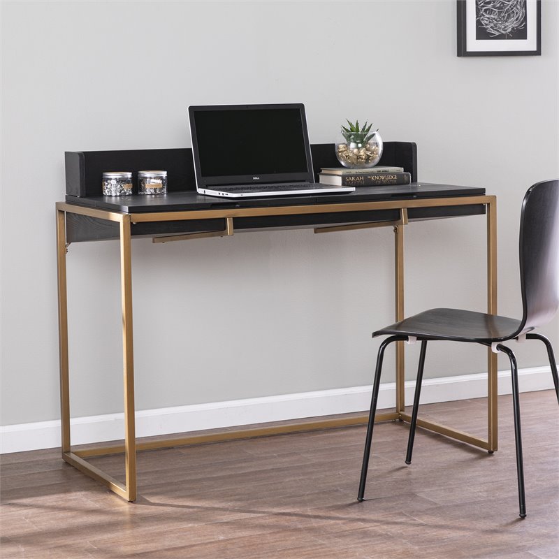 Maklaine Transitional Engineered Wood Flip Top Desk with Storage in Black / Gold