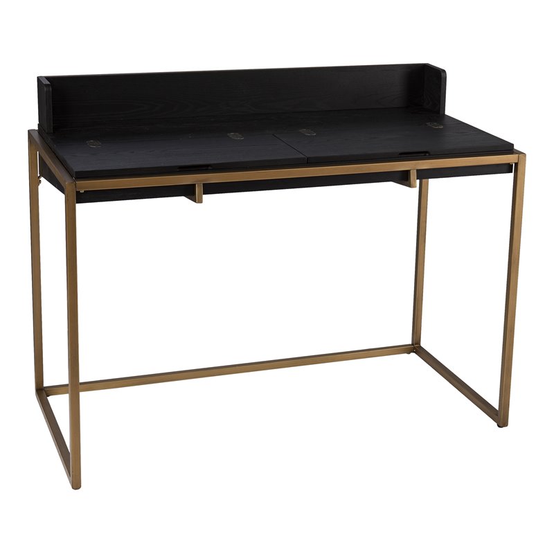 Maklaine Transitional Engineered Wood Flip Top Desk with Storage in Black / Gold