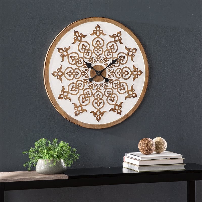 Maklaine Transitional Round Wall Clock in White / Natural / Black