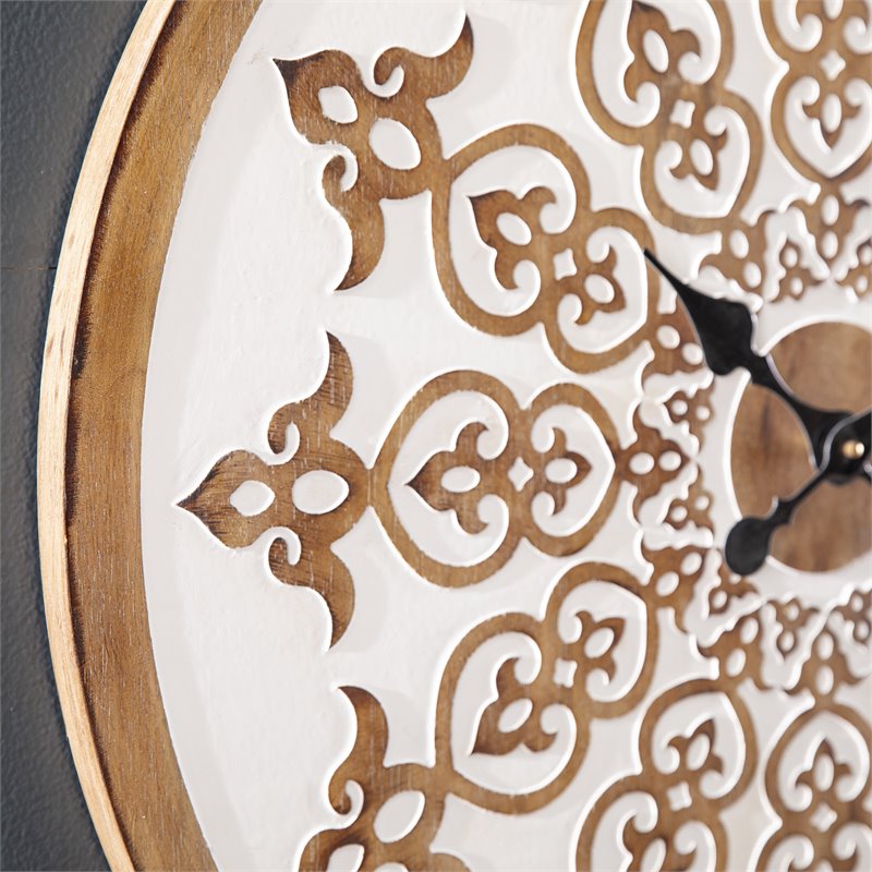 Maklaine Transitional Round Wall Clock in White / Natural / Black