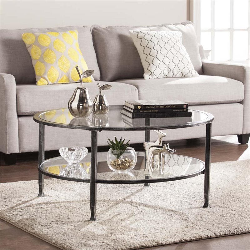 Maklaine Transitional Round Glass Top Coffee Table in Black