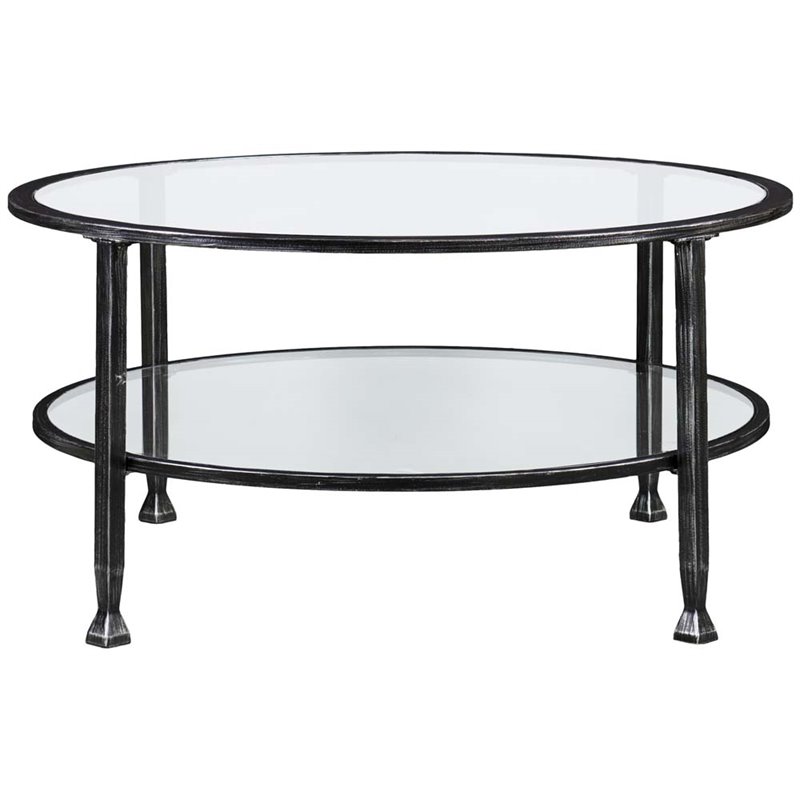 Maklaine Transitional Round Glass Top Coffee Table in Black