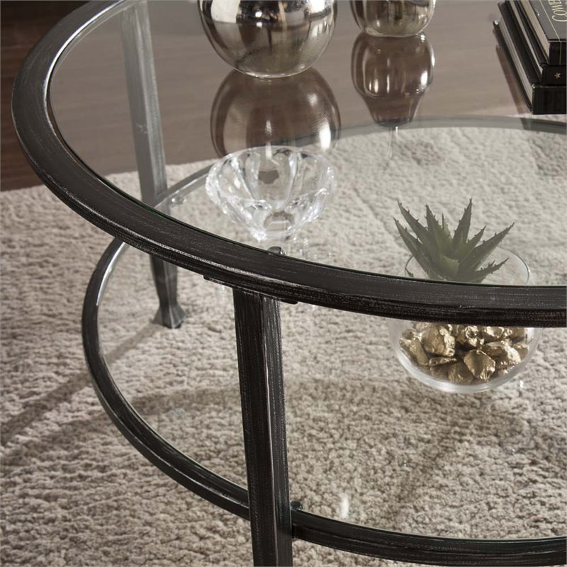 Maklaine Transitional Round Glass Top Coffee Table in Black